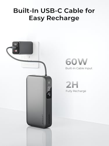 AMEGAT Portable Charger 20000mAh with Built in Charging Cables, 100W USB C Power Bank Fast Charging with Smart Digital Display Battery Pack for iPhone, Samsung, iPad, Switch, and More Series