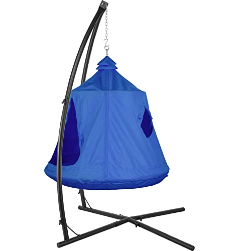 AthLike X-Shaped Hanging Tree Tent w/Swing Chair,Hammock Chair Stand Canopy w/Steel Frame,Indoor Outdoor Egg Basket Patio Seat w/Adjustable Solid Stand,Bedroom Porch Balcony Garden 330lb (Blue)