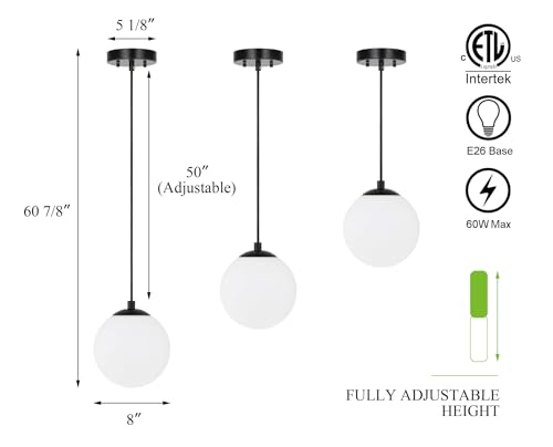 XiNBEi Lighting Pendant Lighting 1 Light Globe Pendant Light, Modern Adjustable Kitchen Hanging Ceiling Light Matte Black Finish XB-P1211-MBK