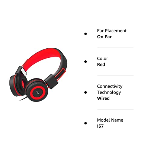 ELECDER i37 Kids Headphones Children Girls Boys Teens Foldable Adjustable On Ear Headphones 3.5mm Jack Compatible Cellphones Computer MP3/4 Kindle School Tablet (Red)