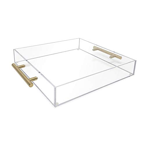 Isaac Jacobs Clear Acrylic Serving Tray (12x12) with Gold Metal Handles, Spill-Proof, Stackable Organizer, Food & Drinks Server, Indoors/Outdoors, Lucite Storage Décor (12x12, Clear with Gold Handle)