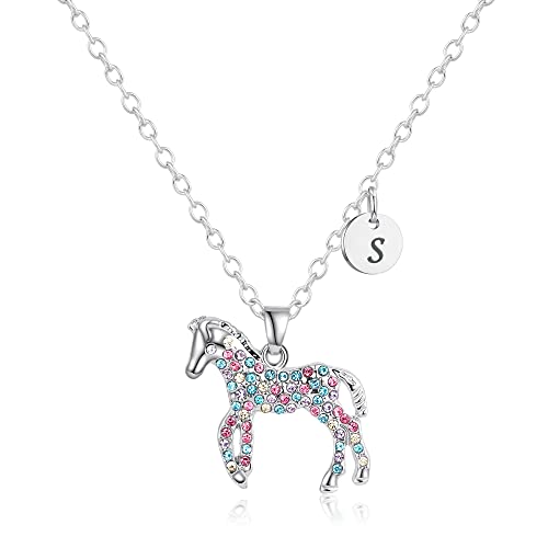 Gmhkonw Horse Necklace Gifts 26 Initial Necklace Horse Jewelry Colorful CZ Letter Initial Rainbow Horse Necklaces Jewelry Gifts for Women (W)
