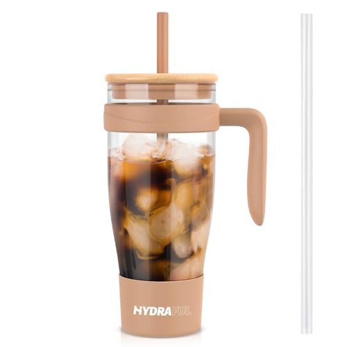 Hydraful 40 oz Glass Tumbler with Handle, Reusable Glass Tumbler with Straw and Lid, BPA Free Clear Glass Tumbler with Bamboo Lid, Fits In Cup Holder, Dishwasher Safe, Amber