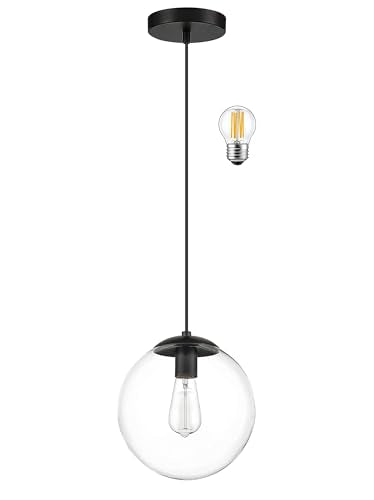 KoKo&Yukina 6-inch Mini Modern Globe Pendant Light Clear Glass with Black Finish Contemporary Mid Century Adjustable Hanging Light Fixture for Living Room Bedroom Kitchen