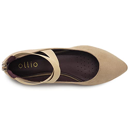 Ollio Women's Faux Suede Elastic Ankle Strap Pointed Toe Ballet Flats F167 (6.5 B(M) US, Beige)