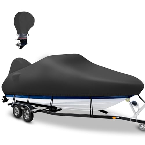 Boatpro Boat Cover 16-18ft with Motor Cover, Waterproof 1200D Fade Resistant Solution-Dye Marine Canvas Trailerable Boat Covers for 16 feet 17ft 18' Foot V-Hull Bass Boat Tri-Hull Runabout Boat, Black