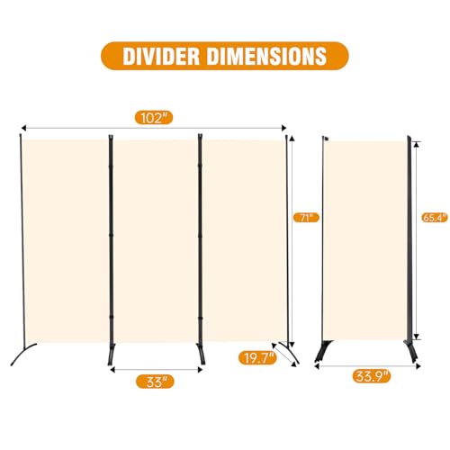 CHOSENM 3 Panel Folding Privacy Screens, 6 FT Tall Wall Divider with Metal Frame, Freestanding Room Divider for Office Bedroom Study (3 Panel, Beige)