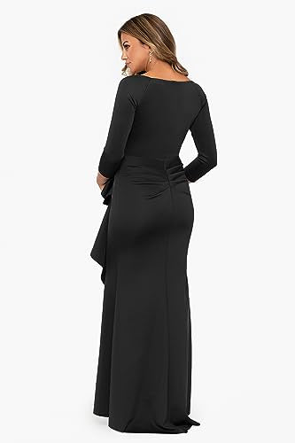 Xscape Women's Long 3/4 Sleeve V-Neck Side Ruched Gown (Reg and Petite), Plum