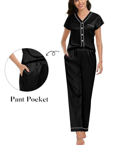 SWOMOG Womens 3 Piece Silk Pajamas Set Short Sleeve Loungewear with Long Pant Comfy Satin Holiday Lounge Sets Navy Blue