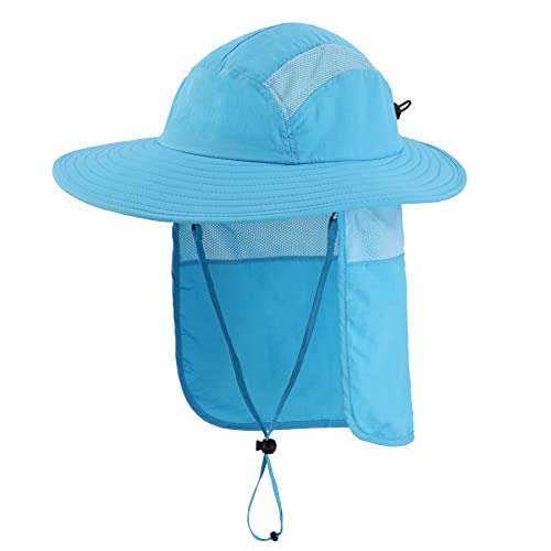 Home Prefer Mens UPF 50+ Sun Protection Cap Wide Brim Fishing Hat with Neck Flap (Sky Blue)