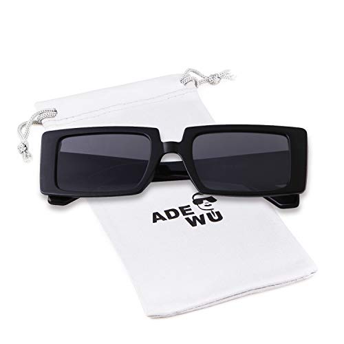 ADE WU Rectangle Sunglasses for Women Men, Black Narrow Square Frame Chunky Temple Sun Glasses