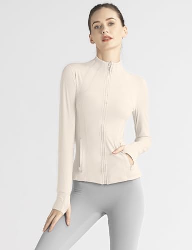 Gacaky Women's Slim Fit Workout Running Track Jackets Full Zip-up Yoga Athletic Jacket with Thumb Holes Style 2 White S
