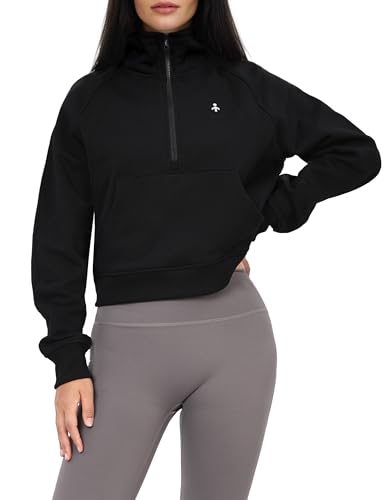 Orolay Women's Half Zip Sweatshirt - Long Sleeve Cropped Pullover Tops 2024 Trendy Clothes with Pocket Black X-Small