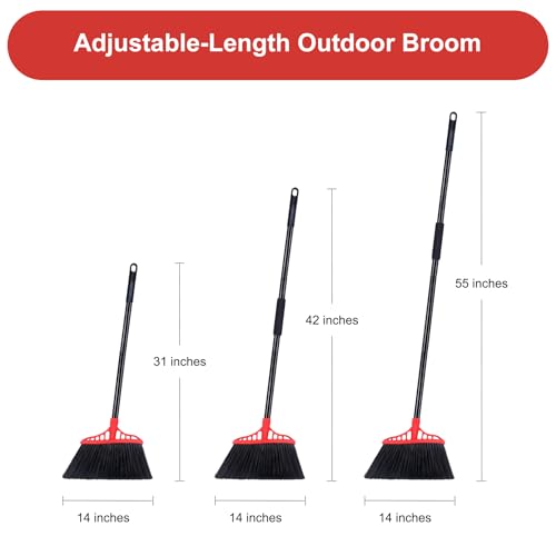 Tiumso Heavy Duty Broom, Outdoor Brooms, Commercial Broom for Sweeping Indoor, Kitchen Broom with 55" Long Handle, Angle Brooms for Patio Kitchen Shop Sidewalk - Black and Red