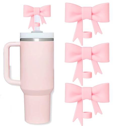 Oddyami Bow Straw Covers Cap Toppers Compatible with Stanley 30&40 oz Tumbler Cups, Cute Pink 10mm Reusable Silicone Straw Topper for Stanley Tumbler with Handle, Stanley Cup Straws Accessories,7Pcs