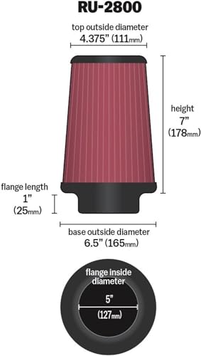 K&N High-Flow Original Lifetime Universal Clamp-On Air Filter: High Performance, Premium, Washable: Flange Diameter: 5 In, Filter Height: 7 In, Flange Length: 1 In, Shape: Round Tapered, RU-2800