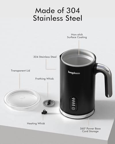 LONGDEEM Milk Frother, 4-in-1 Electric Milk Foamer with Cold & Hot Froth for Latte Cappuccino - Automatic Coffee Foam Maker, Stainless Steel, 10 oz/300 ml, Non-Stick Coating with Auto Shut-Off, Black