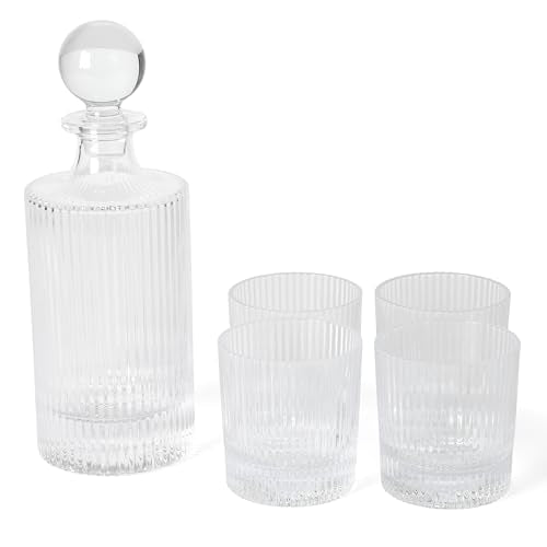 Martha Stewart Bayville Decanter Plus 4 Whiskey 10 OZ DOF Embossed Glassware Set