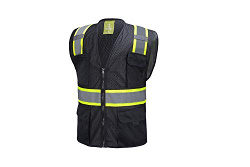 California Tools Two Tones Safety Vest, With Multi-Pockets Tool (4X), Black Lime, BlueLime