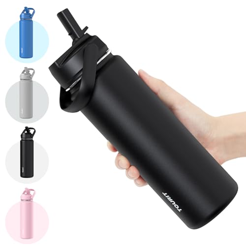 TOURIT 24 oz Insulated Water Bottle, Stainless Steel Water Bottles With Straw, Double Wall Vacuum Insulation for Cold and Hot Drinks, Leak Proof BPA Free Water Flask for Sports and Travel, Black