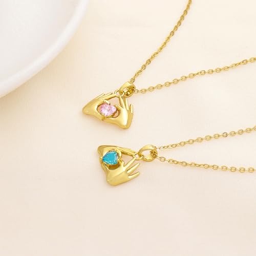 O.SECERT Birthstone Necklace for Women,18K Gold Heart Pendant Necklace Dainty Hand Heart Birthstone Necklace February Heart Birthstone Necklaces Jewelry for Women Trendy