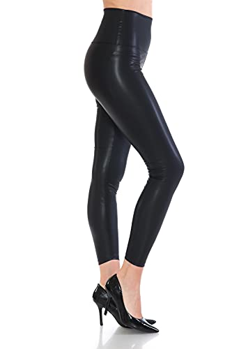 Women's High Waist Comfy Faux Leather Yoga Leggings Pants, Matte-Navy, Medium