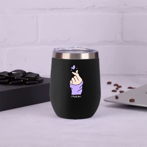 LALC KPOP Bangtan Boys Insulated Wine Tumbler- 12 oz Stainless Steel Cup with Lid for Coffee, Juice, Water, & Wine- Tumbler Gift for Army (black)