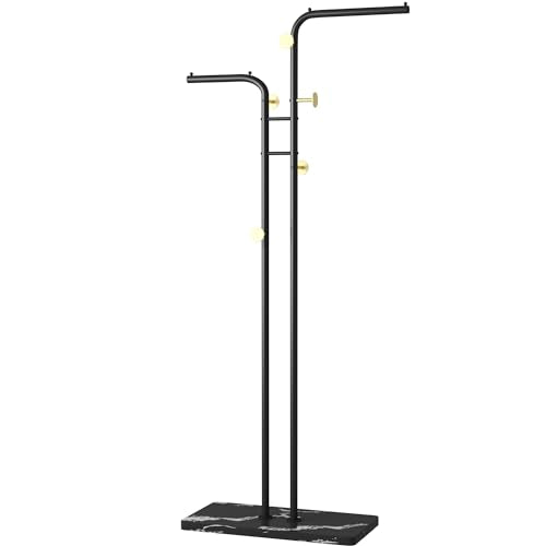 HOMEFORT Coat Rack, Freestanding Metal Coat Racks, Double-pole Clothes Hat Stand with 5 Hooks for Closet, Bedroom, Entryway, Living Room, Black
