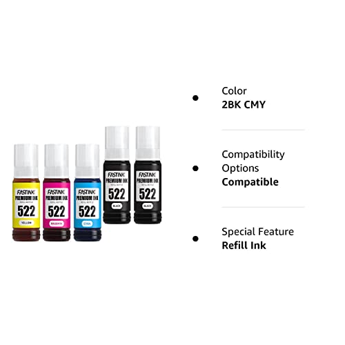 FASTINK Compatible Epson T522 Refill Ink Bottle,High Capacity,5 Pack,Work with EcoTank ET-2720, ET-2800,ET-2803,ET-4800,ET-4700 Printer for Epson 522 Ink Bottle Refill Combo