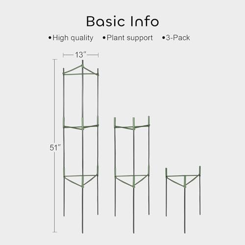 GROWNEER 3 Packs Tomato Cages for Garden, 51 Inches Tomato Trellis Plant Stakes Support, Tomatoes Plant Cage with 9Pcs Clips and 328Ft Twist Tie, for Vegetable Flowers Fruits Vertical Climbing Plants