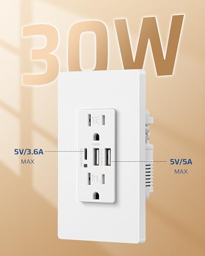 DEWENWILS USB Outlets, 30W 6.0 Amp USB C Outlets Receptacles, 3-Port USB Wall Outlet, 15 Amp Tamper-Resistant Outlet with USB C Ports, UL Listed, Screwless Wall Plate Included, 1 Pack, White