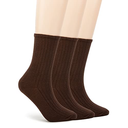 Toauqo Women's Casual Cotton Crew Sock 3-Pack Basic Pure Color Soft Comfort Socks (Coffee)