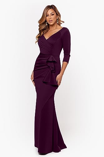 Xscape Women's Long 3/4 Sleeve V-Neck Side Ruched Gown (Reg and Petite), Plum