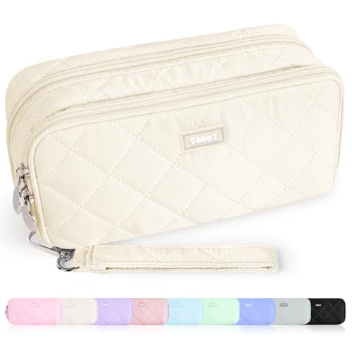 Sooez Large Pencil Case Pouch,Extra Big Pencil Bag with 8 Compartments,Pen Bag Wide Opening,Soft Quilted Pencil Pouch Organizer with Zipper,Portable Pencil Case for Teen Girls,Beige