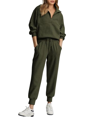 BTFBM Women's Two Piece Outfits Long Sleeve V Neck Zip Pullover Top & Drawstring Pants Sweatsuit Tracksuits Lounge Set(Solid Fruit Green,Medium)