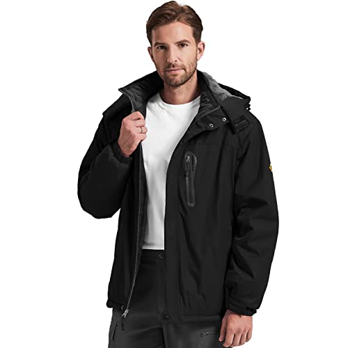 Kugnala Men's Winter Skiing Jacket Waterproof Warm Snow Fleece Lining Coat Mountain Windbreaker Hooded Windproof Rain Jacket Black S