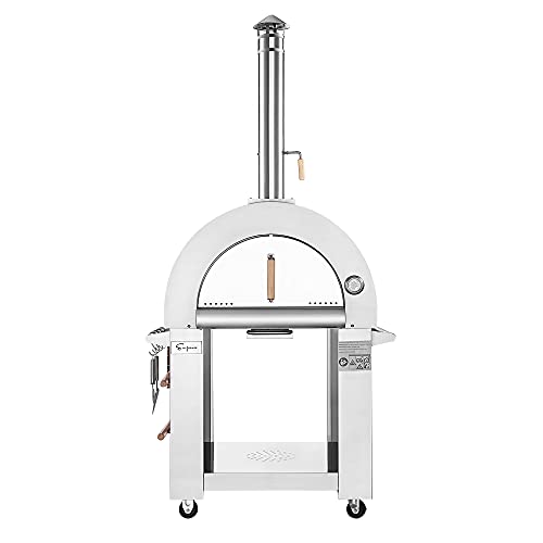 Empava Wood Fired Pizza Oven for Outside Stainless Steel Artisan Grill with Stand and Wheels Charcoal or Pellets Fueled, Built-in Thermometer, for Backyard, Camping, Patio, 32.5 Inch, Sliver