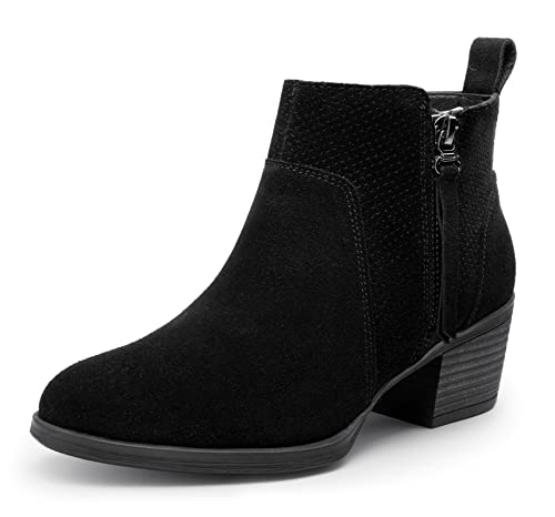 Vepose Women's 9003 Suede Leather Ankle Boots, Thick Heeled Booties, Black, Size 6.5 US -with Two Zip for Lady(CJY9003 Black 06.5)