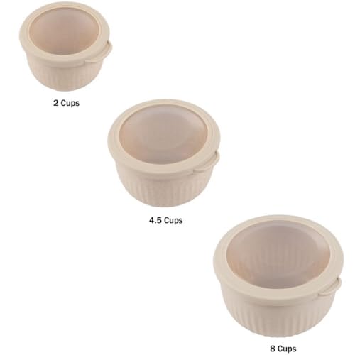Classic Cuisine Set of 3 Bowls with Lids - Microwave, Freezer, and Fridge Safe Nesting Mixing Bowls - Eco-Conscious Kitchen Essentials (Beige), S, M, L