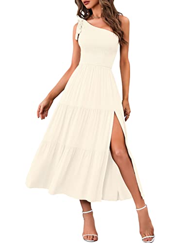 MEROKEETY Women's One Shoulder Sleeveless Shirred High Waist Swing A-Line Midi Maxi Dress,Dustyblue,M