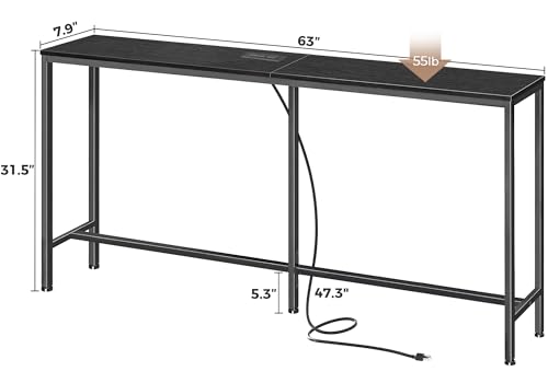 SUPERJARE Console Table with Outlet, 63 Inch Sofa Table with Charging Station, Narrow Entryway Table, Skinny Hallway Table, Behind Couch Table, for Living Room, Plants, Black