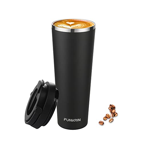 Funkrin Insulated Coffee Mug with Ceramic Coating, 16oz Iced Coffee Tumbler Cup with Flip Lid and Handle, Double Wall Vacuum Leak-Proof Thermos Mug for Travel Office School Party Camping