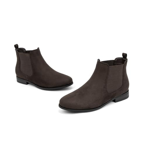 VJH confort Women's Slip on Ankle Boot, Western Almond Round Toe Low Heel Elastic Chelsea Bootie (Brown suede,11)