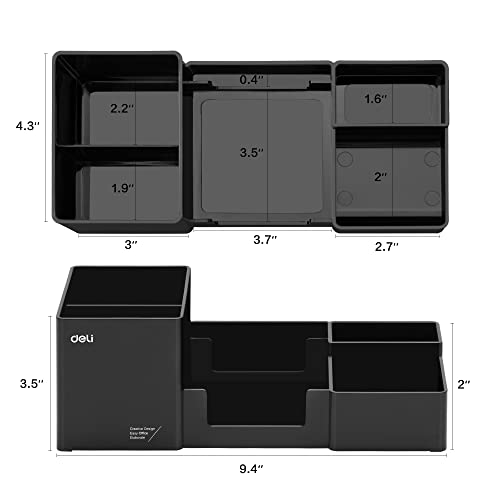 deli Desk Organizer, Plastic Desktop Organizer with Pencil Holder and Sticky Note Tray, Office Stationery Supplies Organizers Accessories Caddy, 6 Compartments, Black