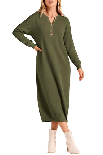 PRETTYGARDEN Women's 2024 Fall Knit Sweater Dress Long Sleeve Button V Neck Loose Casual Maxi Dresses (Army Green,Small)