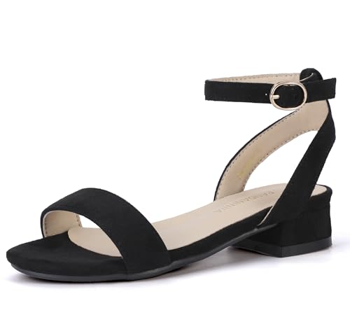 PANDANINJIA Girls Sandals Low Heels Dress Shoes Open Toe Flower Girl Wedding Party for Little Big Kid Dress Sandals(Black Suede 2 M US Little Kid)