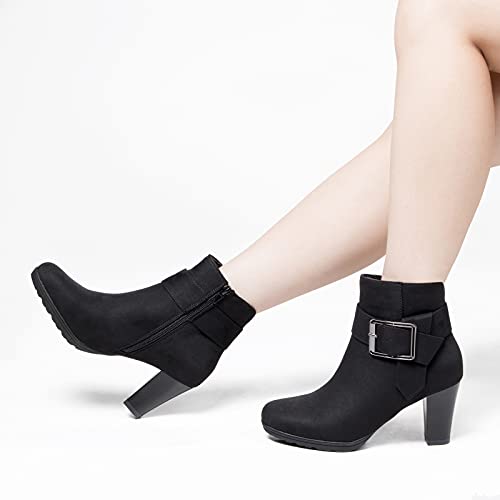 mysoft Women's Wide Width Ankle Boots Chunky Heel Ankle Strap Buckle Booties with Zipper