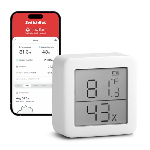 SwitchBot Room Thermometer Hygrometer Indoor, Bluetooth Digital Temperature Monitor with Free Data Storage, Dewpoint/VPD/Absolute Humidity, Hygrometer Indoor Humidity Meter, Thermometer for Home