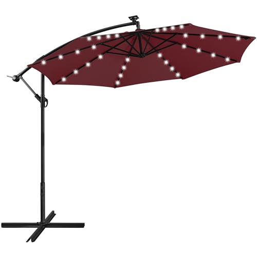 Yaheetech 10FT Solar Offset Umbrella with 32 LED Lights Cantilever Hanging Outdoor Umbrellas Handy Crank & Cross Base for Lawn/Deck/Backyard/Pool Burgundy