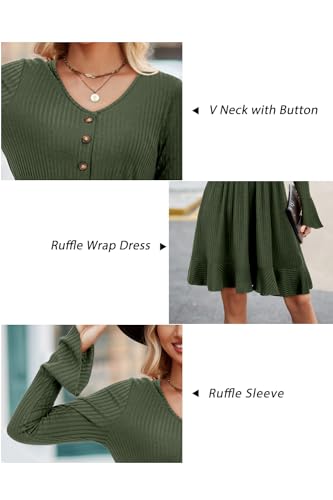 ULTRANICE Womens Fall Sweater Dresses 2024 Trendy Long Sleeve Buttons V Neck Ruffle Casual Semi Formal Wedding Guest Outfits Clothes Winter Midi Dress(Army,M)